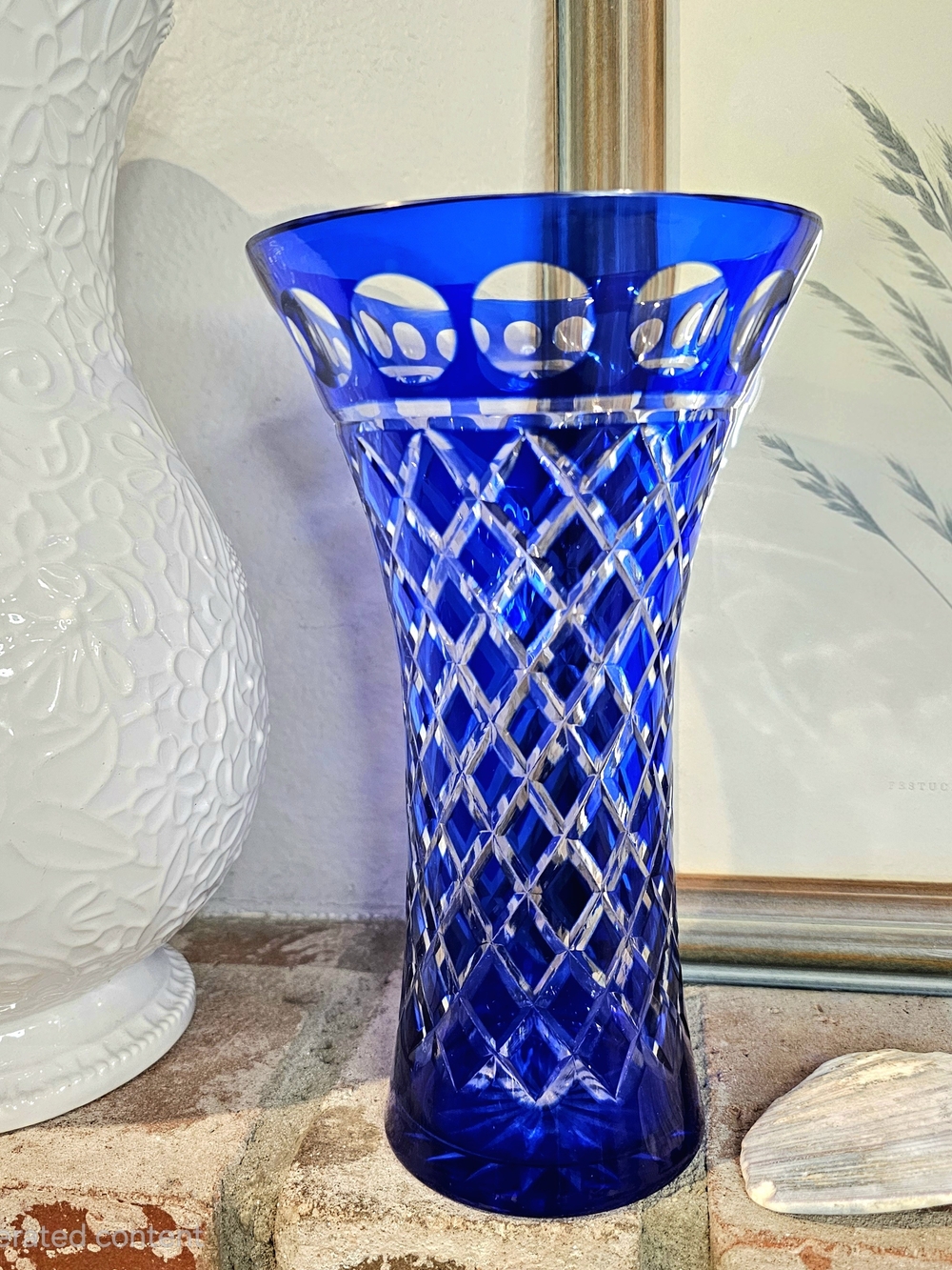 Blue Cobalt Cut-Glass Vase Bohemian Czech Starburst Crystal Vase Home Decor